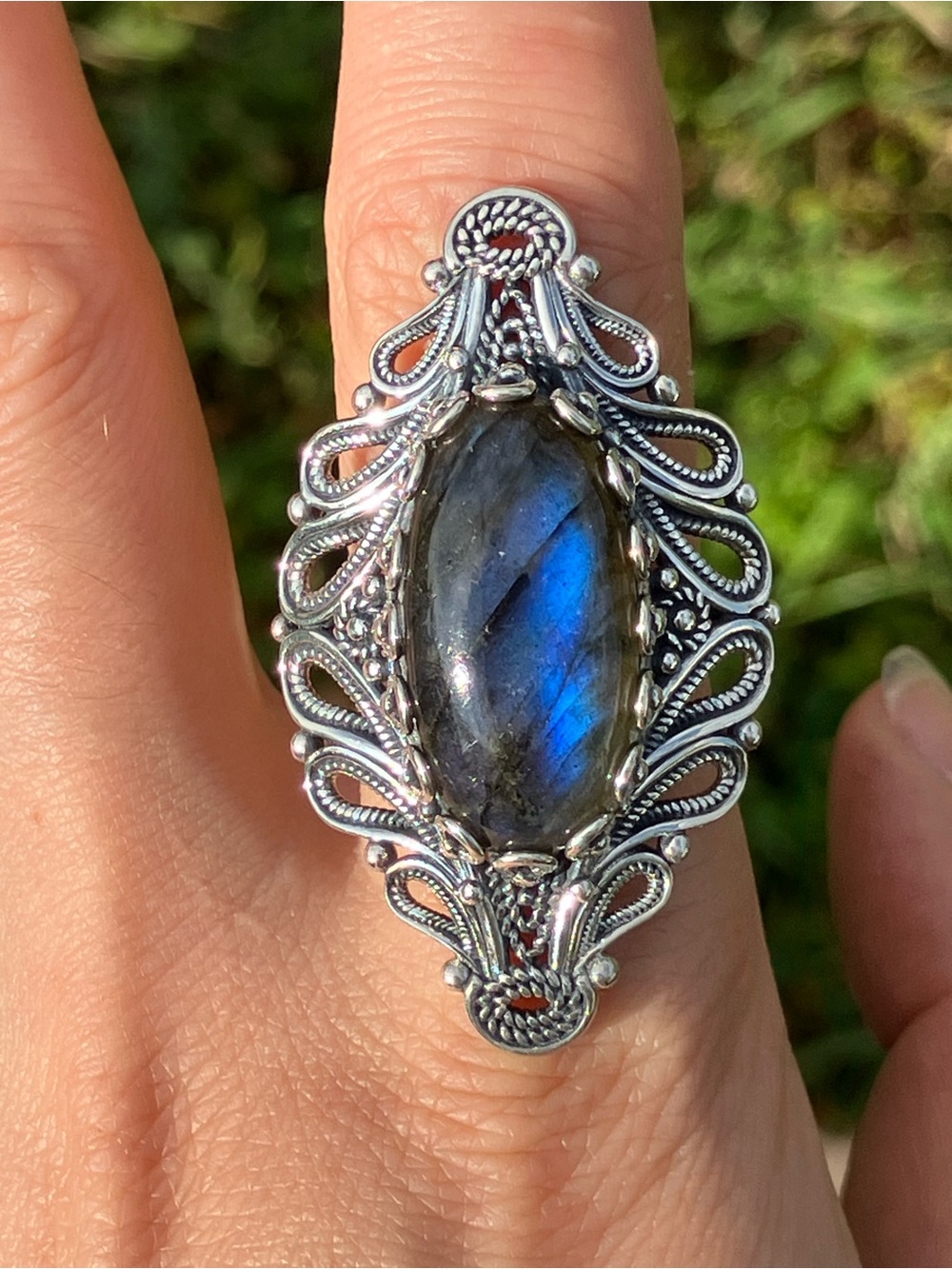 Natural Labradorite Sterling Silver Cocktail Ring Size 8.5